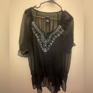 Lane Bryant Black Sheer Blouse with Blue Embellishments size 18/20 with cami